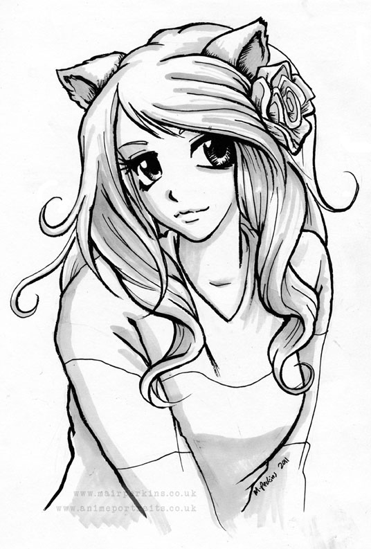 Premium Photo | Cute anime girl portrait black and white colors sketch style